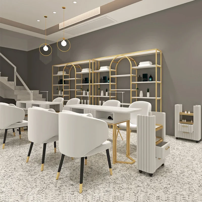 

Золотой набор столов и стульев для дизайна ногтей, простой современный мраморный двухслойный маникюрный салон, одинарный, двойной