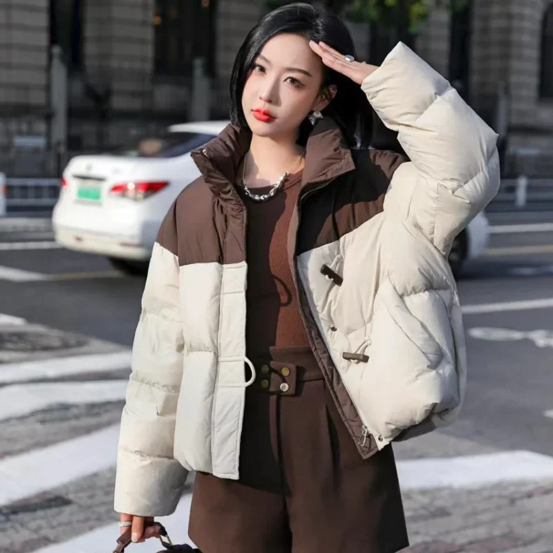 Winter Down Jacket 90 White Duck Color Collision Short Women's Coat Cow Horn Buckle Loose Stand-up Collar Fashion Winter Clothes