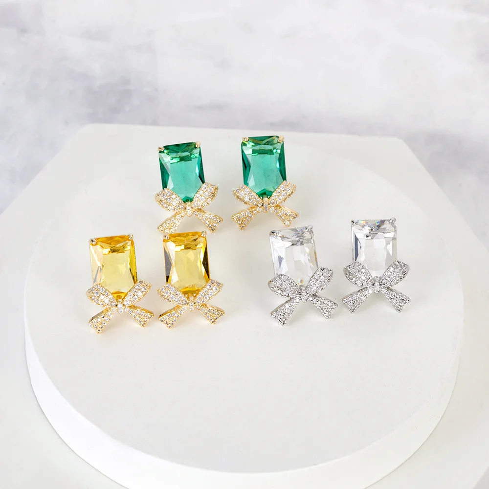 

925 Silver Needle Luxury Bowknot Multicolor Gemstone Stud Earrings, Elegant Bridal Wedding Party Jewelry Gift for Women
