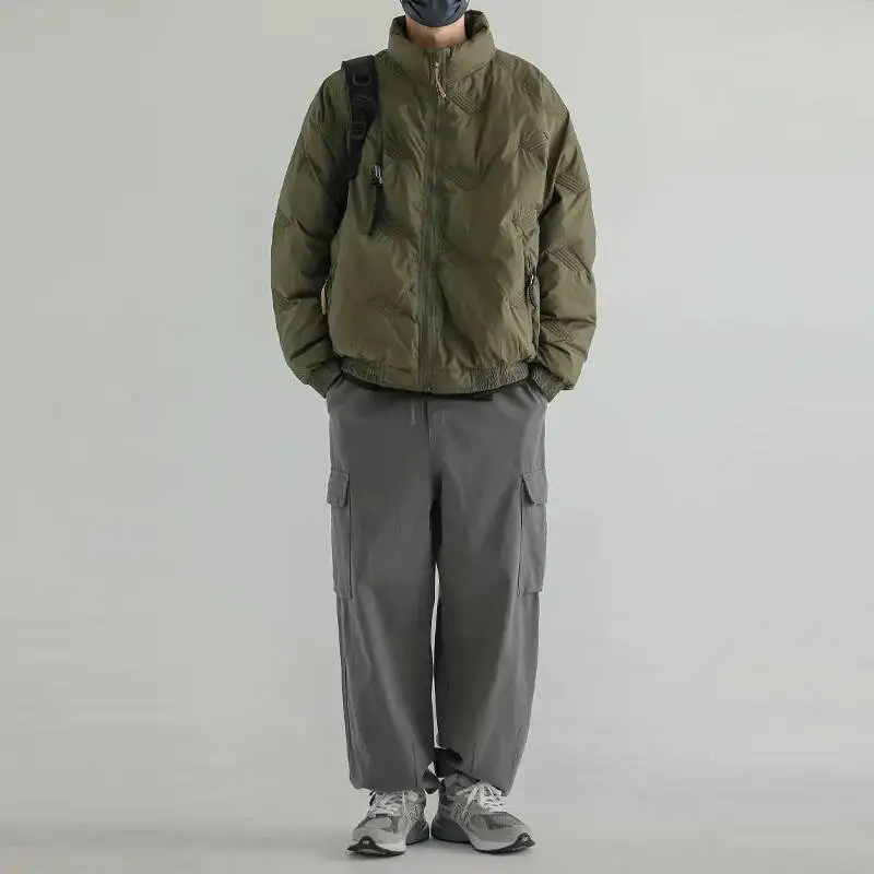 Men Jacket Winter American Simple Solid Color Stand Collar Male Down Coat Thicken Warm Long Sleeve Loose Casual Man Outerwear