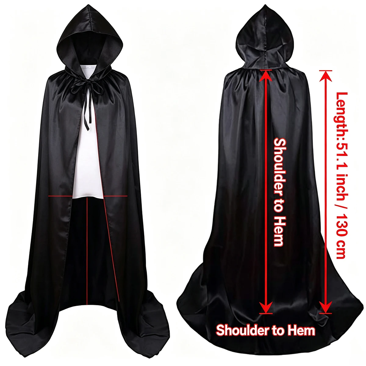 4PCS Hooded Cape Halloween Costume Set, Black Cloak + Lace Mask + Bat Horn Hair Clips, Witch Cosplay Outfit for Party