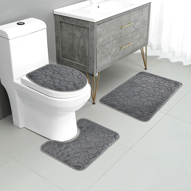 1 Set of Solid Color Simple Bathroom Water-absorbing and Non-slip Floor Mat Stone Pattern, Comfortable and Soft, Three-piece Set