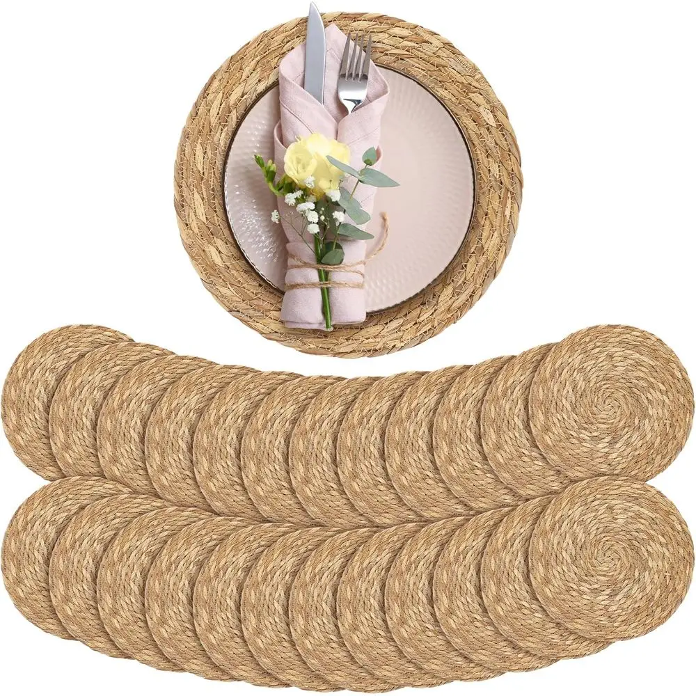 

Natural 12 Round Woven Rattan Placemats - Set of 24 for Rustic Farmhouse Dining & Kitchen Decor