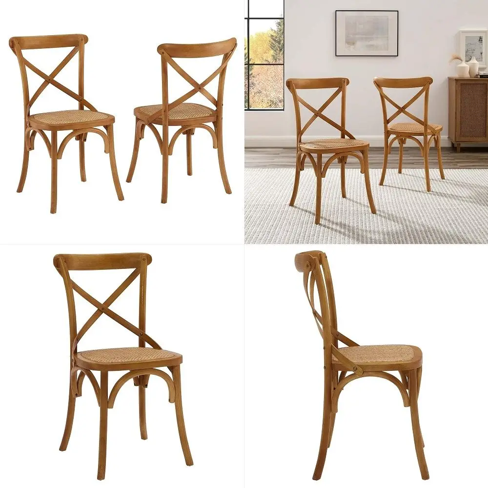 

Gear Rustic Modern Farmhouse Elm Wood Rattan Two Dining Chairs in Walnut