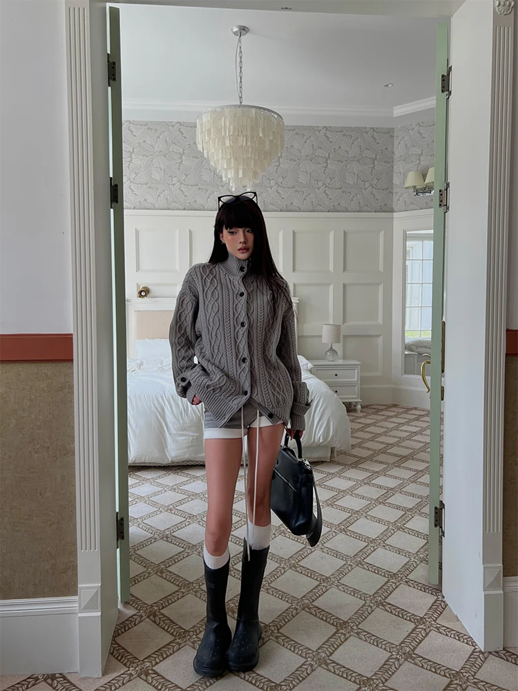 

HYTEMOLY Ретро вязаный свободный свитер с высоким воротником, анти-шаровое волокно Lazy Sle, осенне-зимнее шерстяное пальто