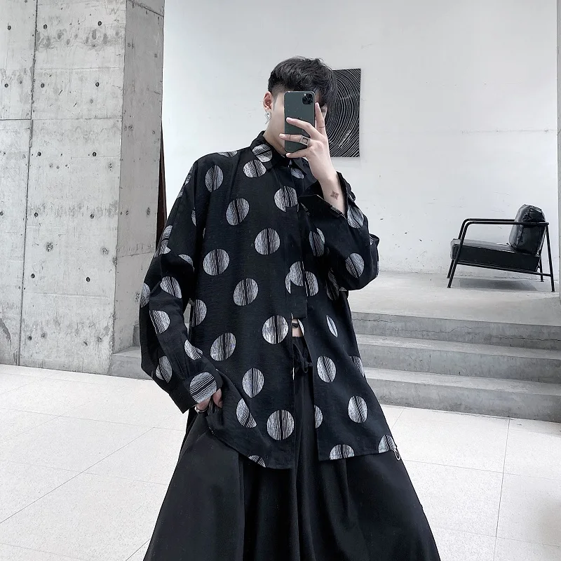 

Dark Casual Shirt Men's Long Sleeve Spring 2025 Seasonal Fashion Striped Polka Dot Design Loose Fit Polyester Blend