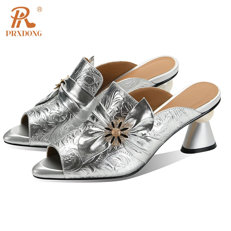 PRXDONG New Elegant Genuine Leather Summer Shoes Woman Sandals Silver High Heels Open Toe Dress Party Wedding Lady SHoes 34-40