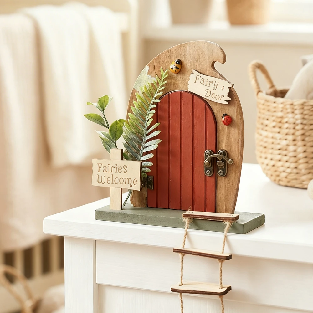 

Декоративные миниатюрные деревянные двери для кукольного домика: волшебные двери фей и эльфов с лестницей, столом и балконом. Декоративные игрушки.