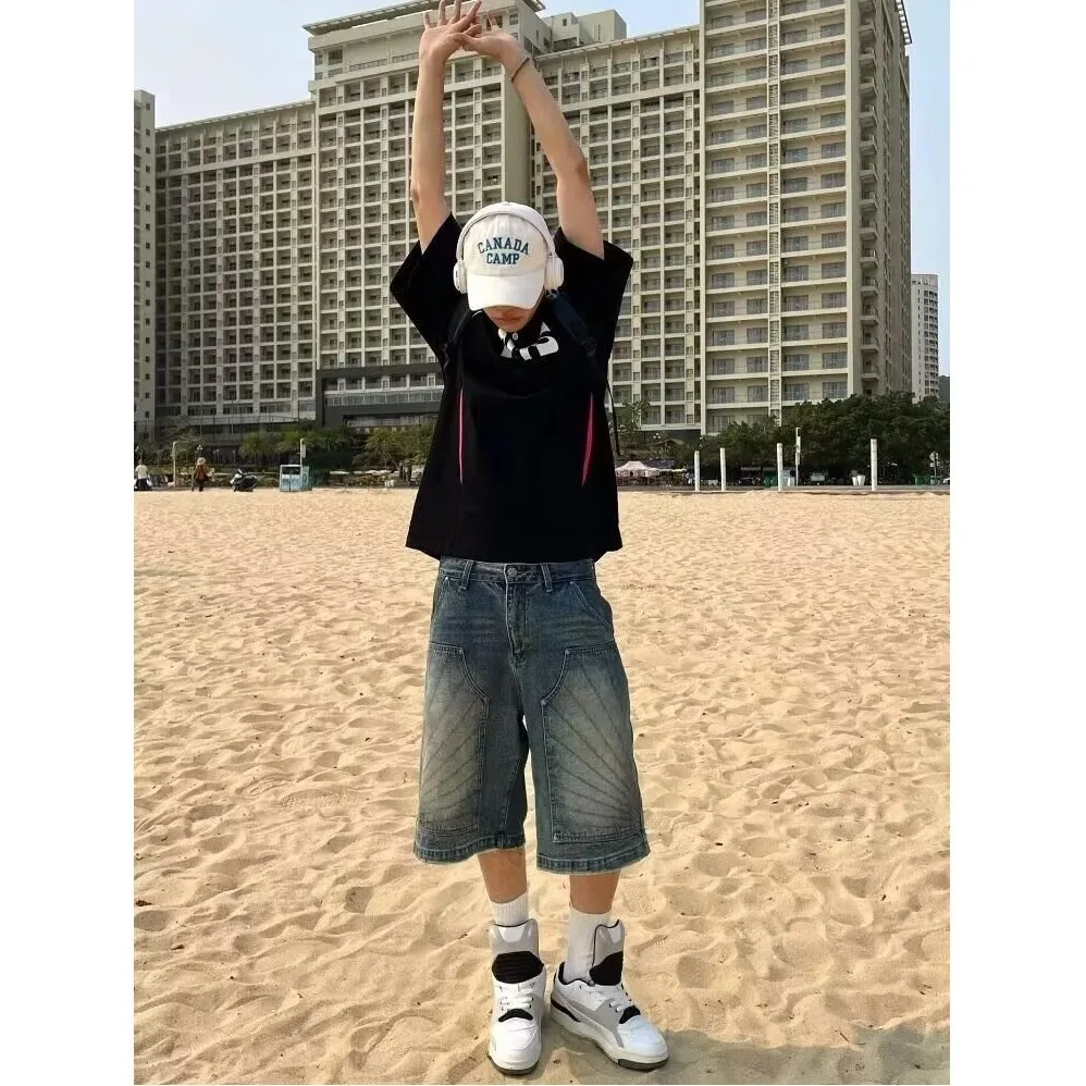 

American Sle High Waist Wide Leg Five-Pointed ort Jeans Loose Straight Cut Summer Slimming Trousers for Teenagers