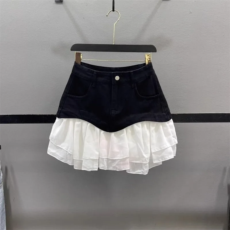A Stylish Black Ruffled Denim Skirt for Women To Look Slimmer in Summer. A Hot A-line Cake Skirt and Short Fashionable Commuting