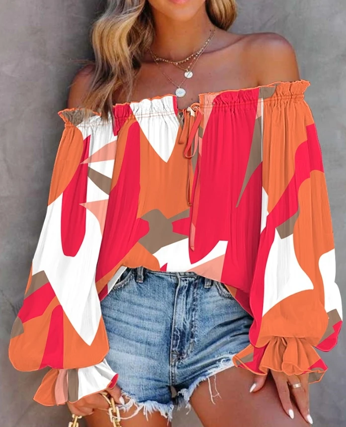 

Women's Ethnic Style T-Shirt 2025 Spring Summer Latest Tribal Print Off Shoulder Lantern Sleeve Top Style Vacation Blouses
