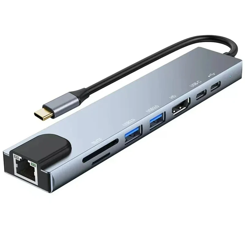 HDMI 4K30HZ RJ45 1000Mbps 이더넷 어댑터가 포함된 유형 C 허브 USB 변환기 USB 디스크 TF 마이크로 SD 카드 리더기 100W PD 충전 도크