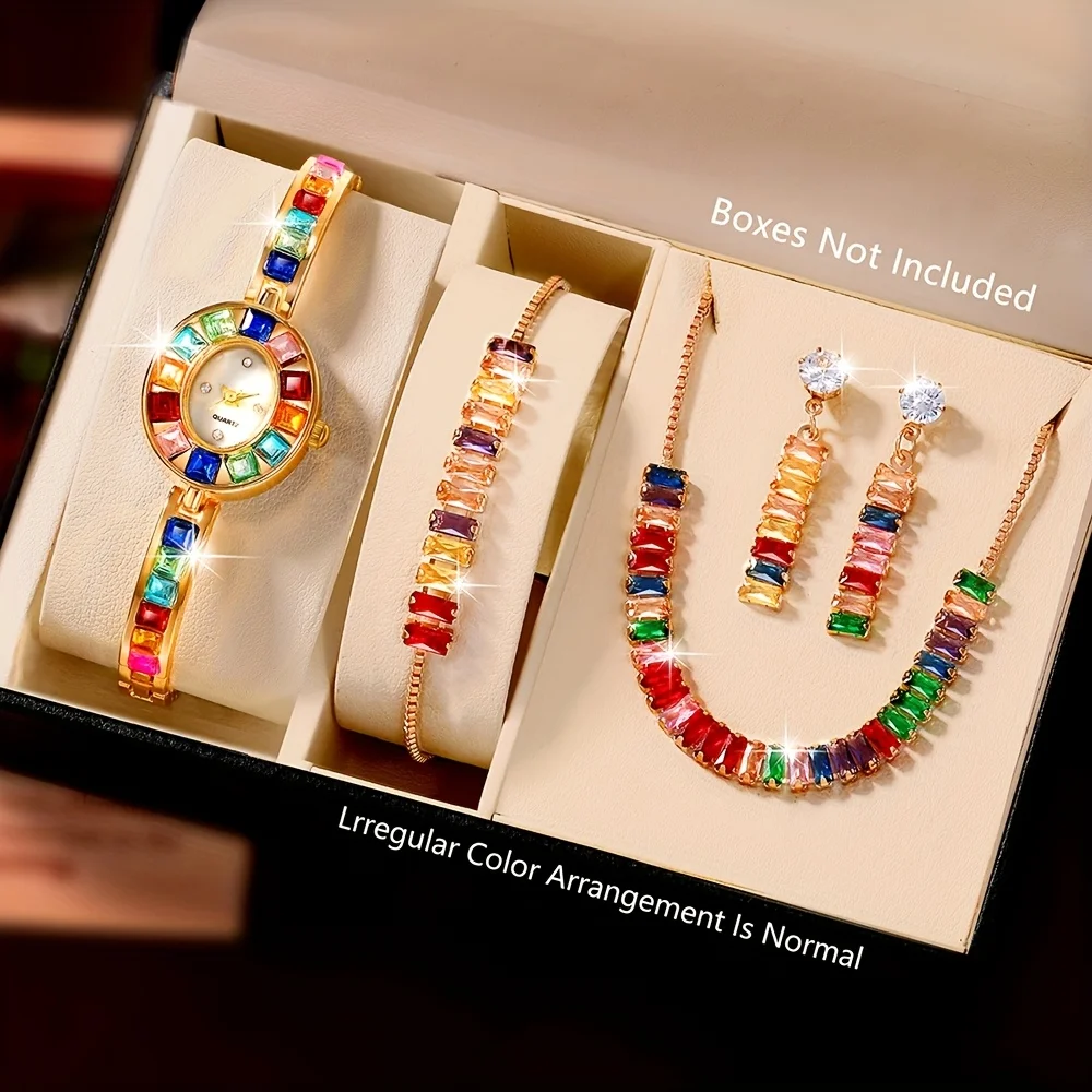 

5pcs Luxury Rhinestone Women Watch Multicolor Beads Jewelry Set Elegant Bracelet Strap Ladies Quartz Wristwatches（Without Box）