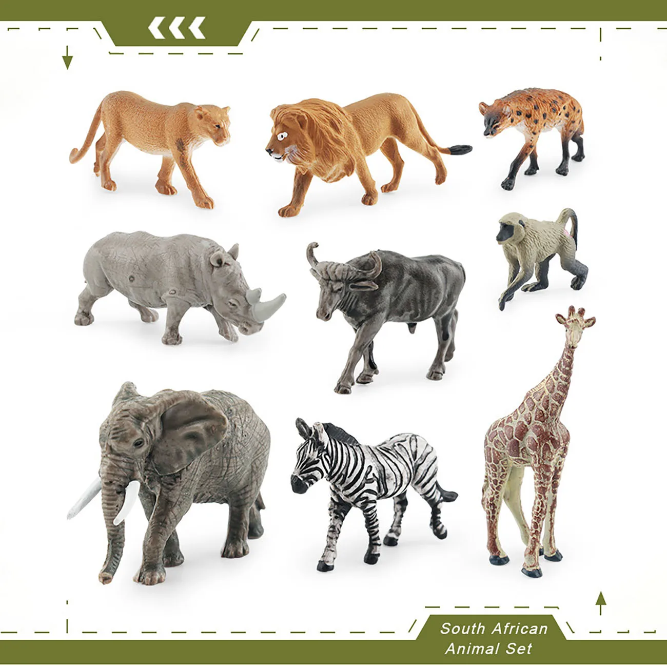 Animales de África del Sur simulados, cebra, León, jirafa, Lioness, rinoceronte blanco, elefante africano, modelo de juguete, adornos, 9 piezas