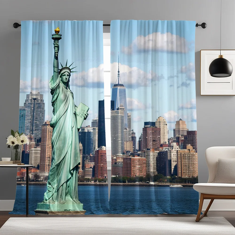 New York Statue of Liberty Skyline Curtains Set of 2 Rod Pocket Semi Sheer for Living Room Bedroom Decor