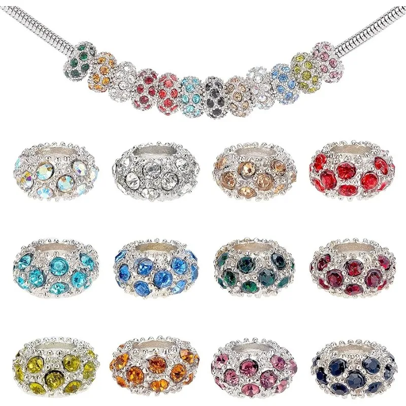 100pcs Rhinestone Large Hole European Beads Platinum Mixed Color Crystal Rondelle Spacer Beads Fit European Snake Chain Charm