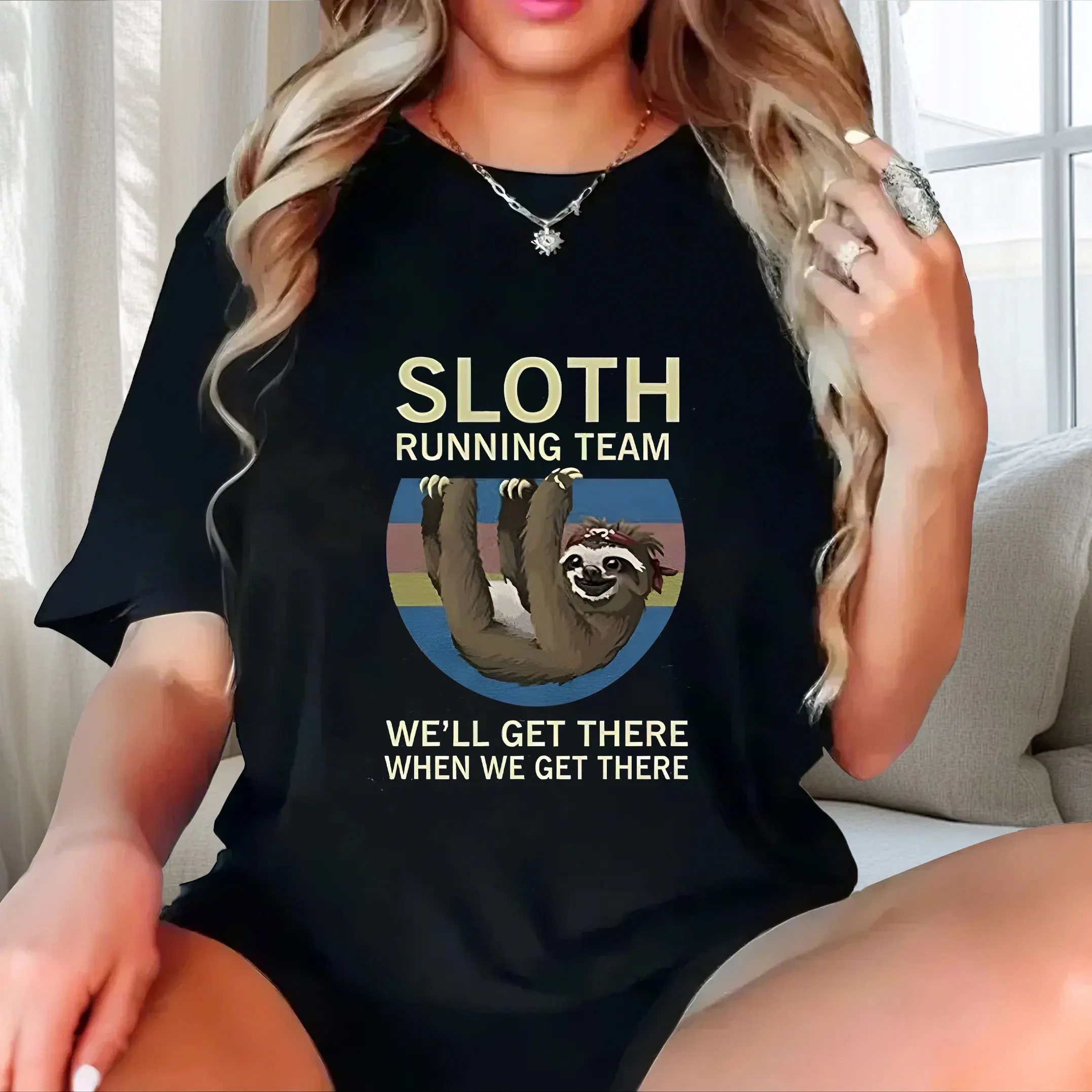

English+Cartoon sloth pattern print plus size Ladies' casual short sleeved T-shirt black