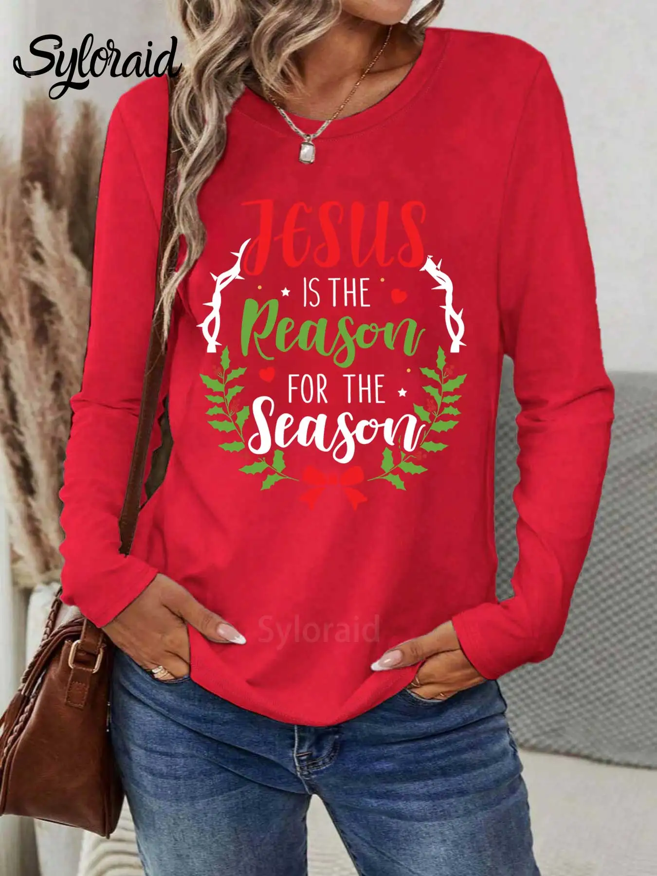 Women's Long Sleeve T Shirt "Jesus Is The Reason" Christian Christmas Print T Shirt Fashion Round Neck Casual Top