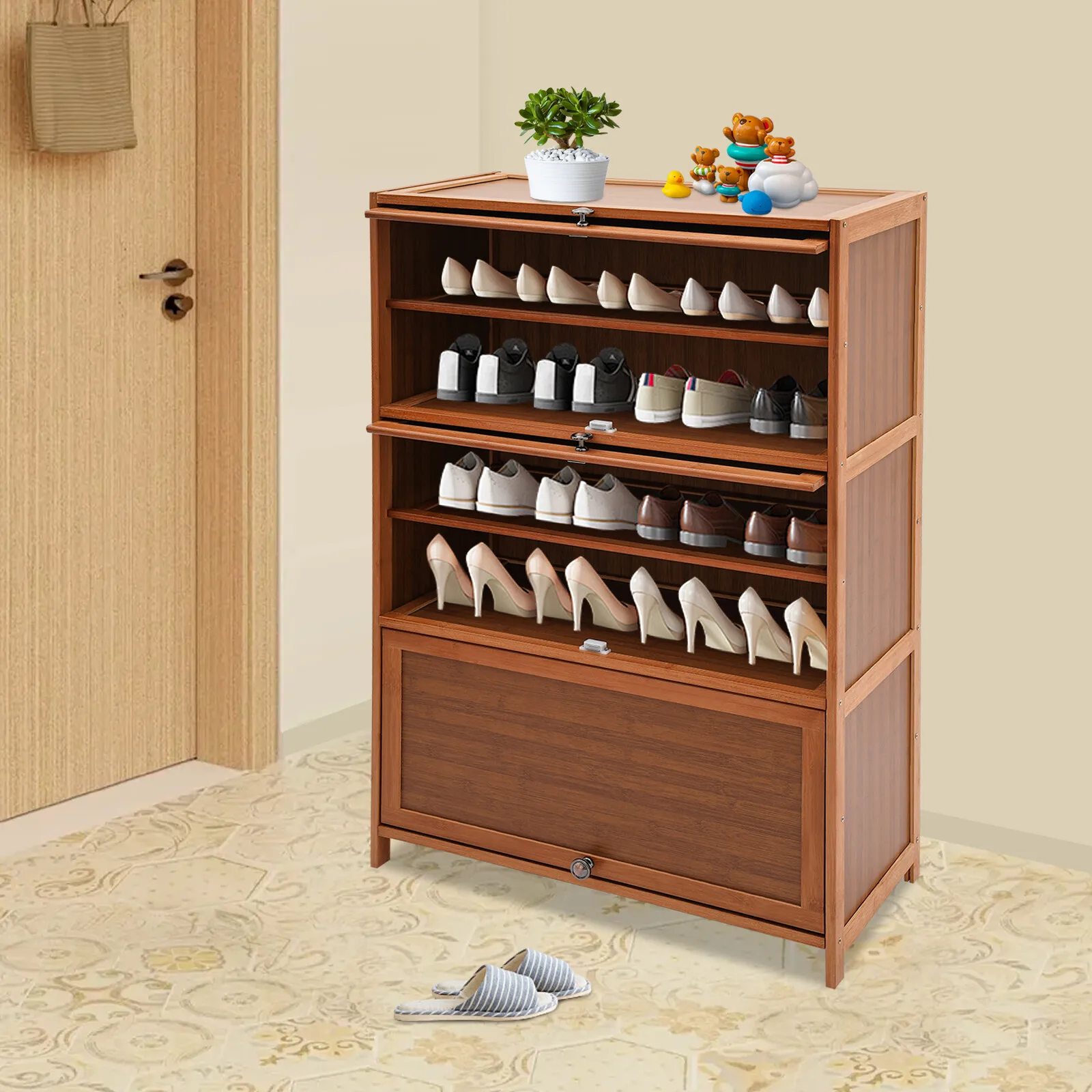 

32" Entryway Bamboo 6-Tier Shoe Organizer Storage Cabinet w/ 3 Flip-up Door