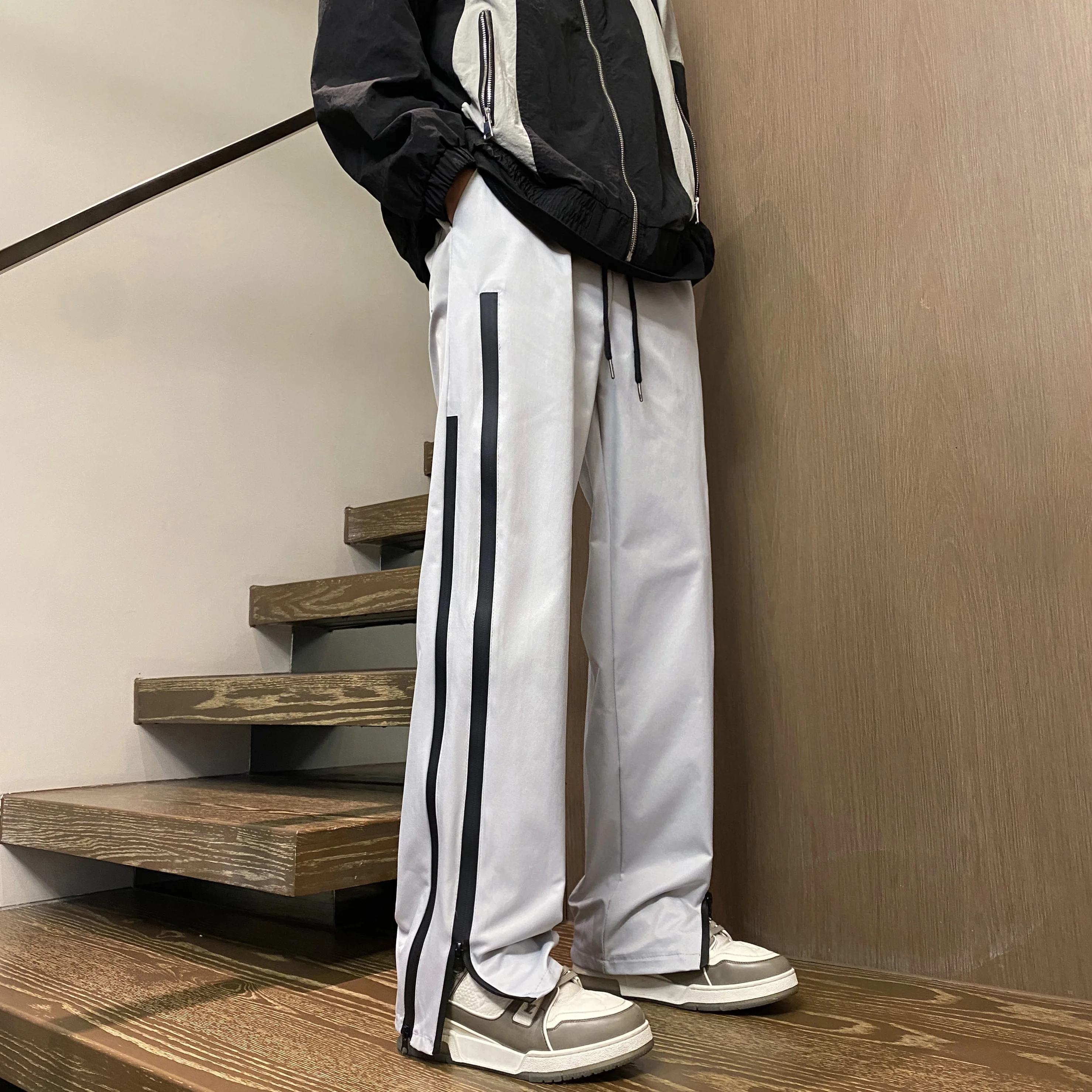 

Double Zipper Loose Men's Casual Pants High Street Sle Spring Autumn Trend Straight Leg Anti-Wrinkle Faionable Cargo