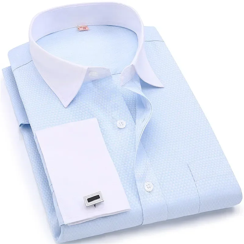 

Large size Men French Cufflinks Shirts White Collar Design Solid Color Jacquard Fabric Male Gentleman Dress Long Sleeves Shirt