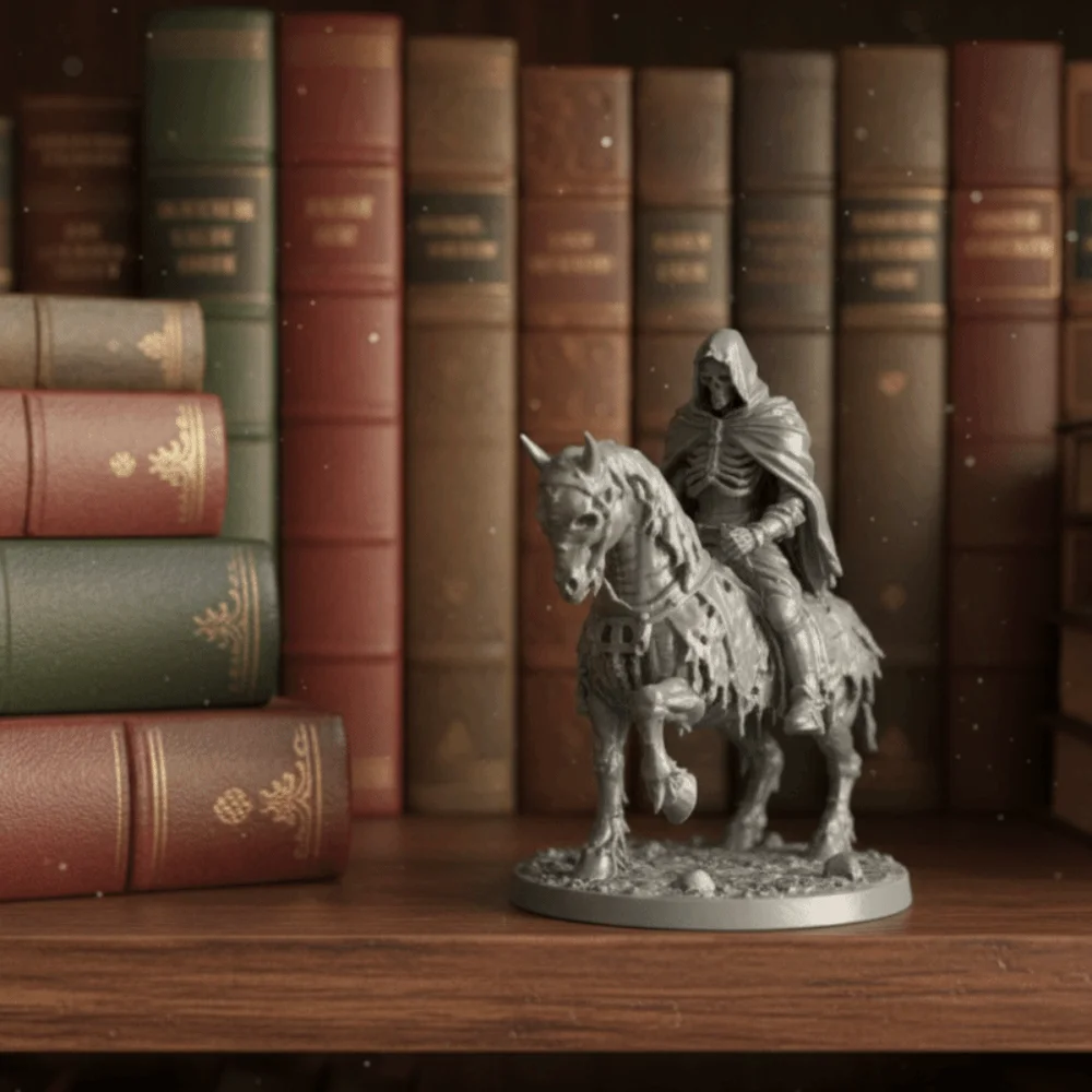 3D Printed Skeleton Undead Knight Statue Gothic Style Plastic Undead Skeleton Rider Horse Figurine Mini with Base