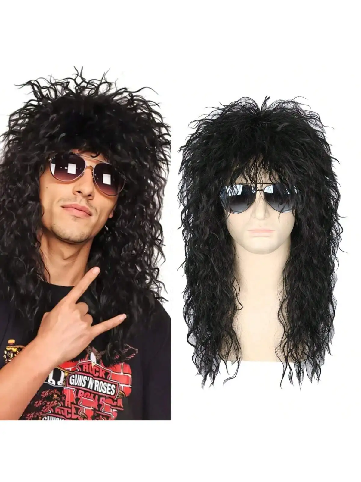 

Men's Black Fluffy Long Curly Synthetic Wig Punk Rock Style for Dance Theatre Disco Stage