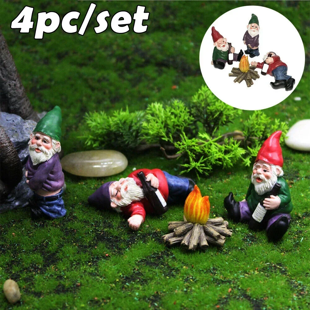 4szt Mini Fairy Garden Resin Gnomes My Little Friend Drunk Gnome Dwarfs Statue Wodoodporny, nierdzewny wystrój ogrodu na biurko