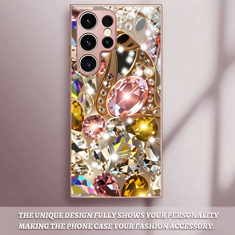 Colorful Rhinestone Cat Pink Metallic Glass Phone Case For Samsung A33/A34/A36/A42/A50/A51/A52/A53/A54/A55/A56/A70/A71/72 Cover