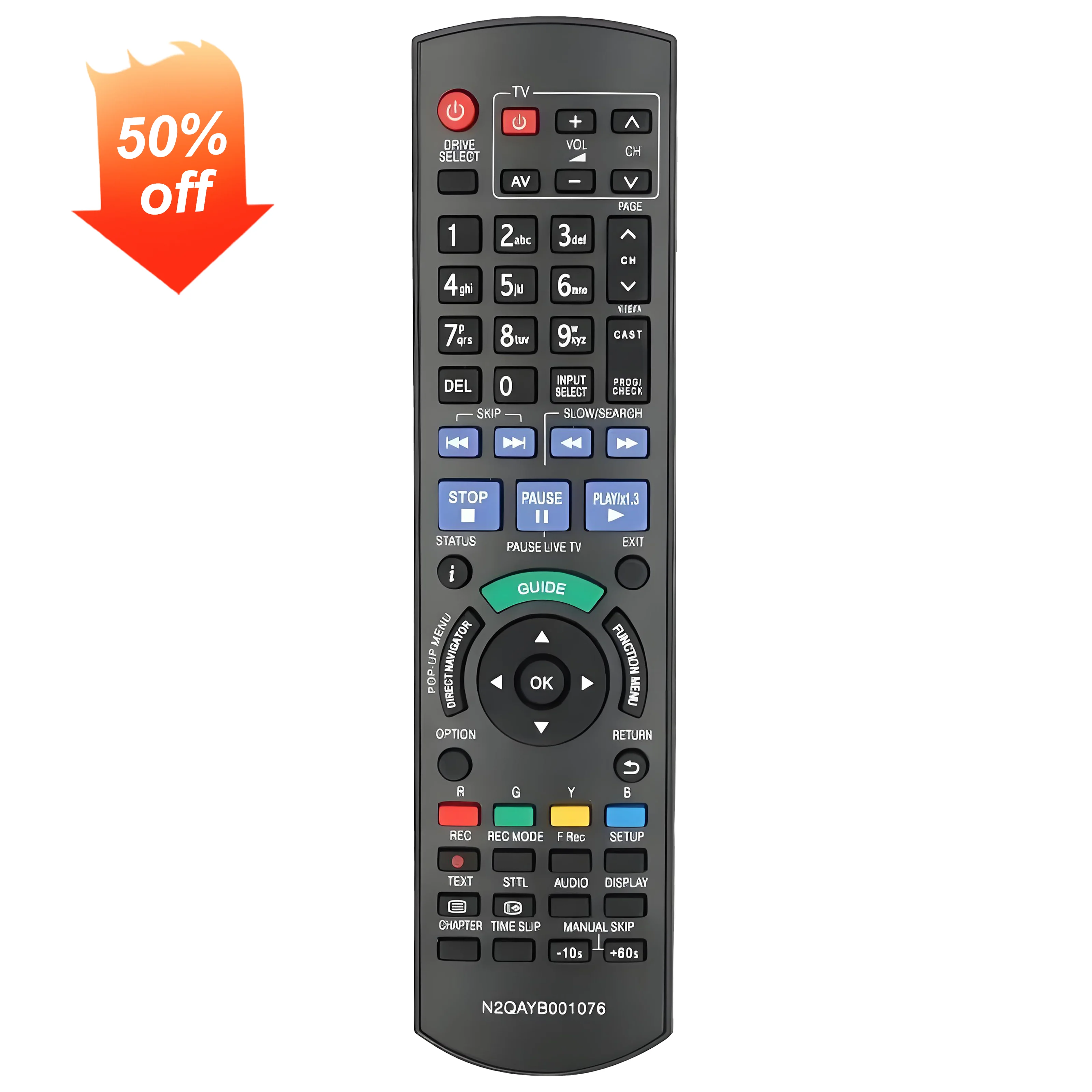 Replacement N2QAYB001076 Remote Control Compatible with Panasonic Blu-Ray Disc DVD Player DMR-BWT760 DMRBWT760 DMR-BWT760GN