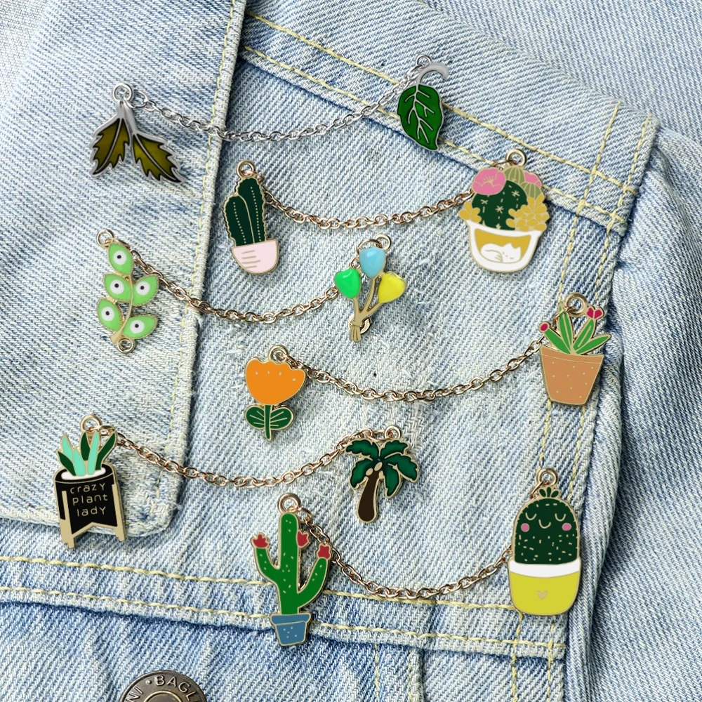 Cartoon Potted Plants Series Enamel Pins Creative Cactus Aloe Brooches with Chain Decorative Clothing Badge Gift for Plant Lover