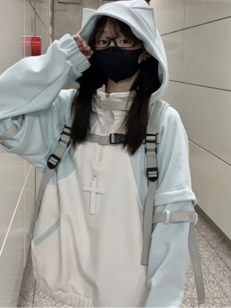 Japanese Y2k Cat Ears Hoodie Sweatshirts 2025 Spring Autumn New Cardigan Coat Women Removable Long Sleeve Loose Jackets