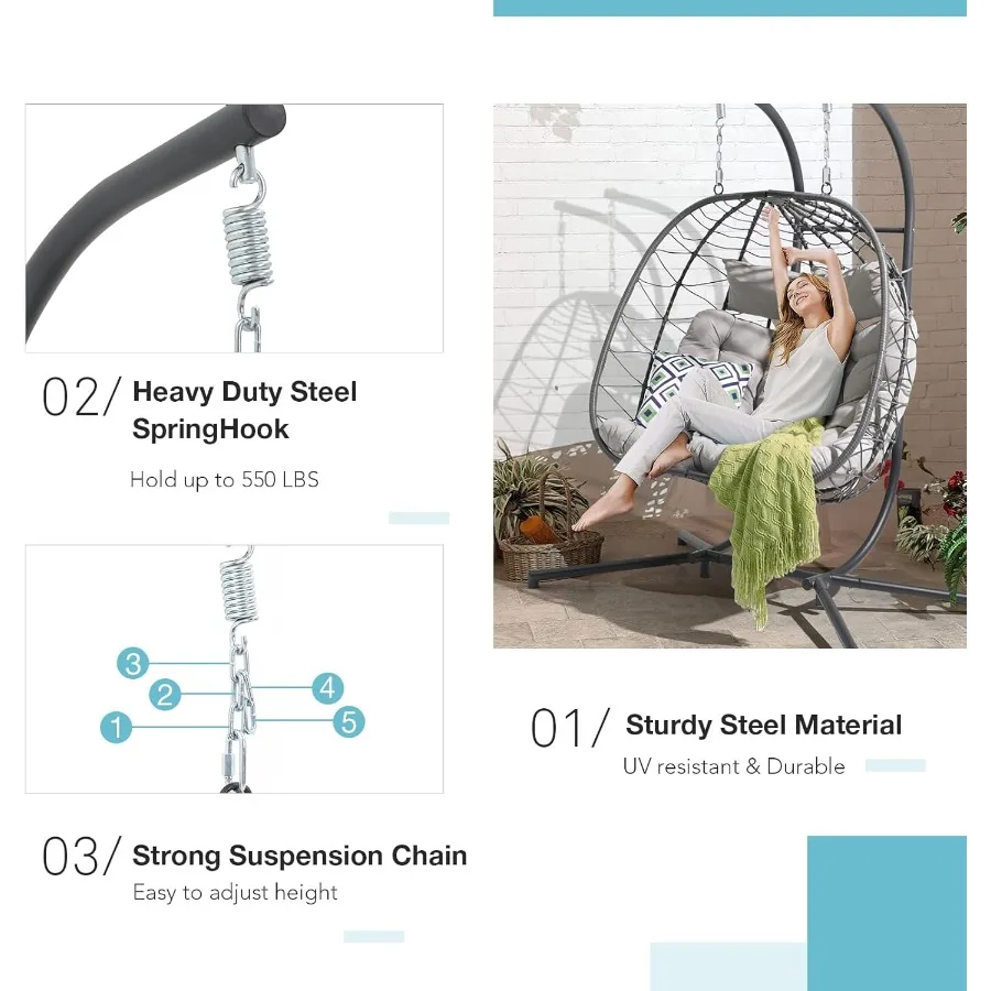 كرسي أرجوحة على شكل بيضة مزدوجة لشخصين مع حامل للاستخدام الداخلي والخارجي كرسي على شكل بيضة معلق من الخيزران مع وسادة وقابلة للطي #5