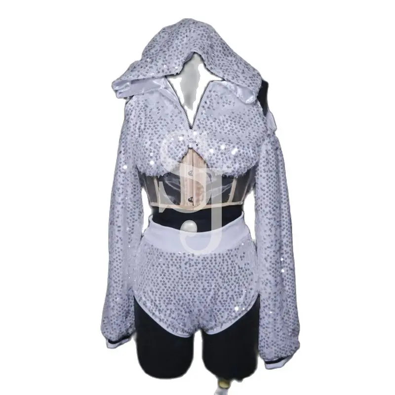 Fashion Singer Group Kpop Stage Outfits White Sequins Jacket Shorts Women\'S Jazz Dance Costume Hiphop Gogo Dancer Wear XS7009