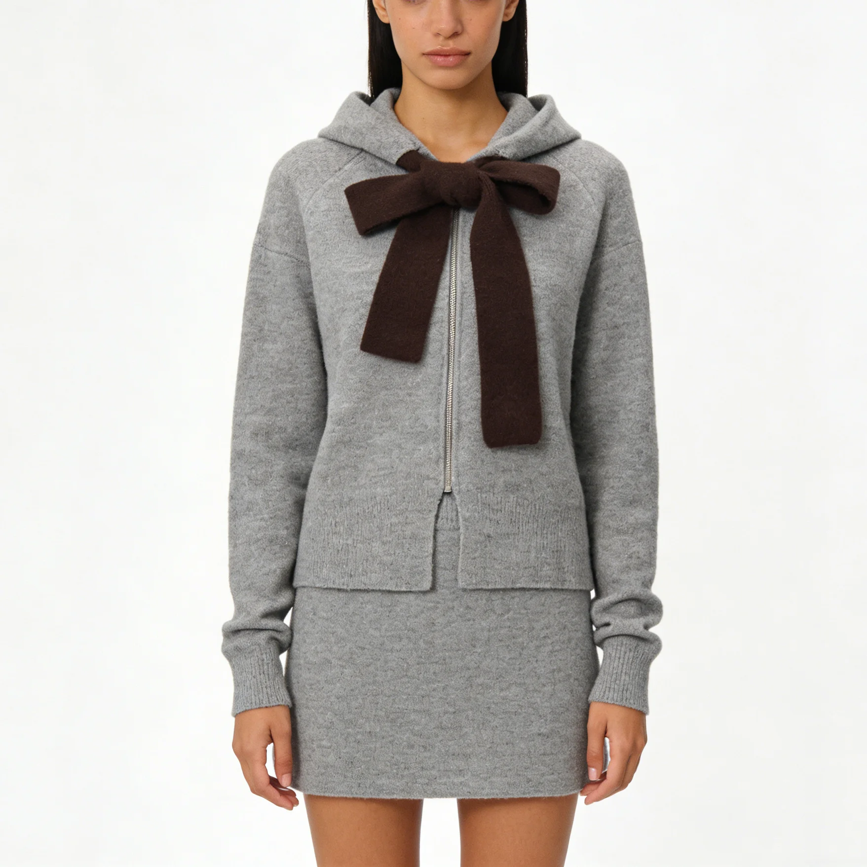 

Осенне-зимний вязаный кардиган с капюшоном и бантом, женский элегантный свитер на шнуровке, однотонный, теплый, для повседневной носки, вязаные топы