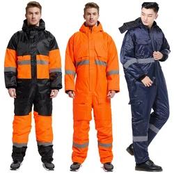 Winter Coveralls Men Waterproof Windproof Reflective Cotton Padded Hooded Coveralls Thicken Thermal Work Uniform Hi Vis Workwear