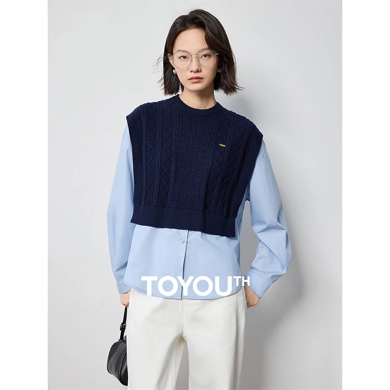 

TOYOUTH Women Knitted Blouse Shirt 2024 Autumn New Splicing Fake Two Piece Round Neck Pullover Tops