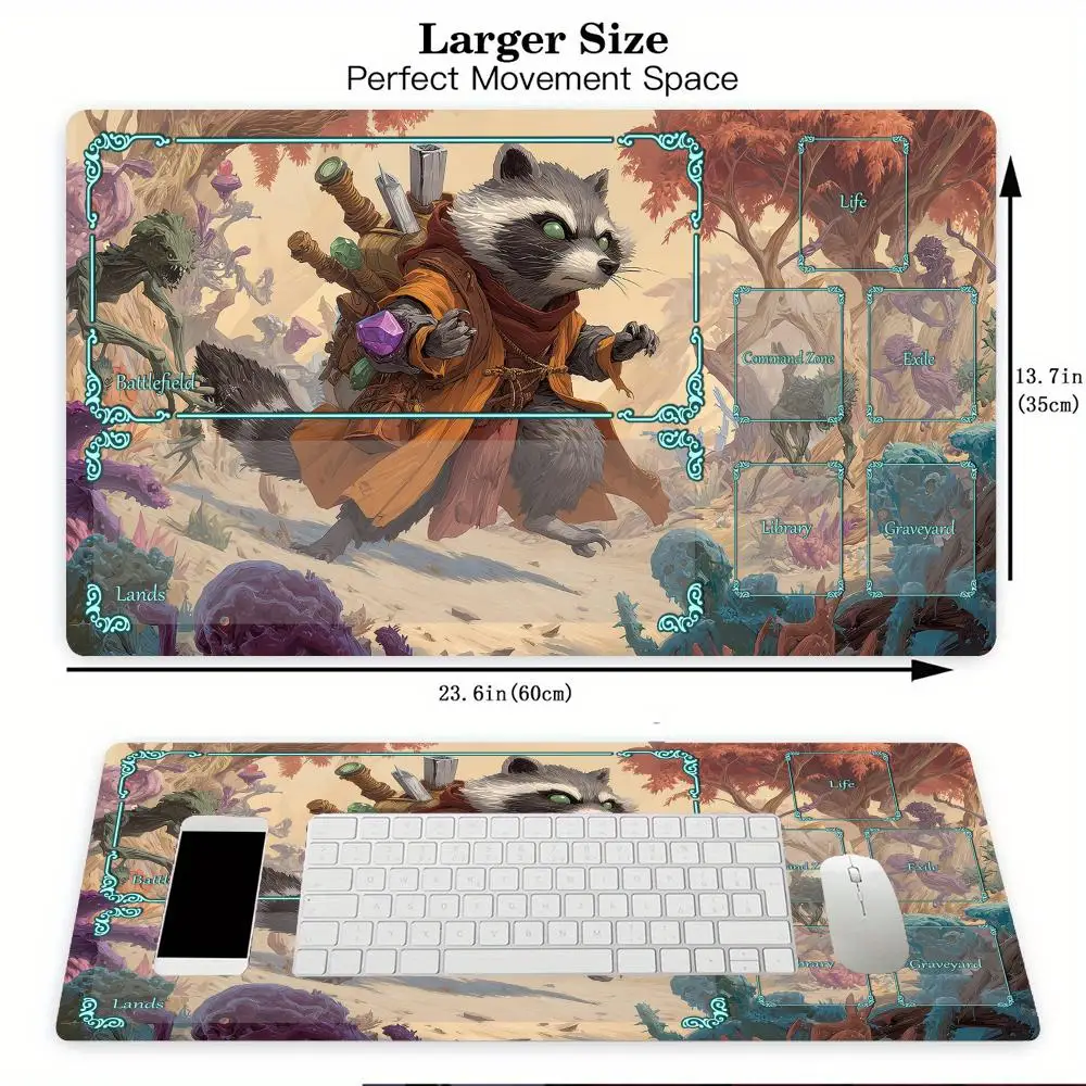 سجادة ألعاب المعركة من Desert Guardian Raccoon Warrior Magic Playmat مع سجادة مكتب لعب المنطقة MTG مناسبة لجمع الألعاب