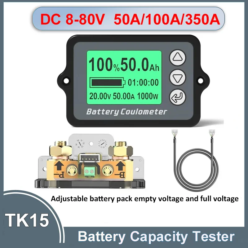 TK15 Coulometer DC 8-80V 50A/100A/350A Vehicle Battery Capacity Tester Voltage Meter for E-bike/Cleaning Machine/Balance Car