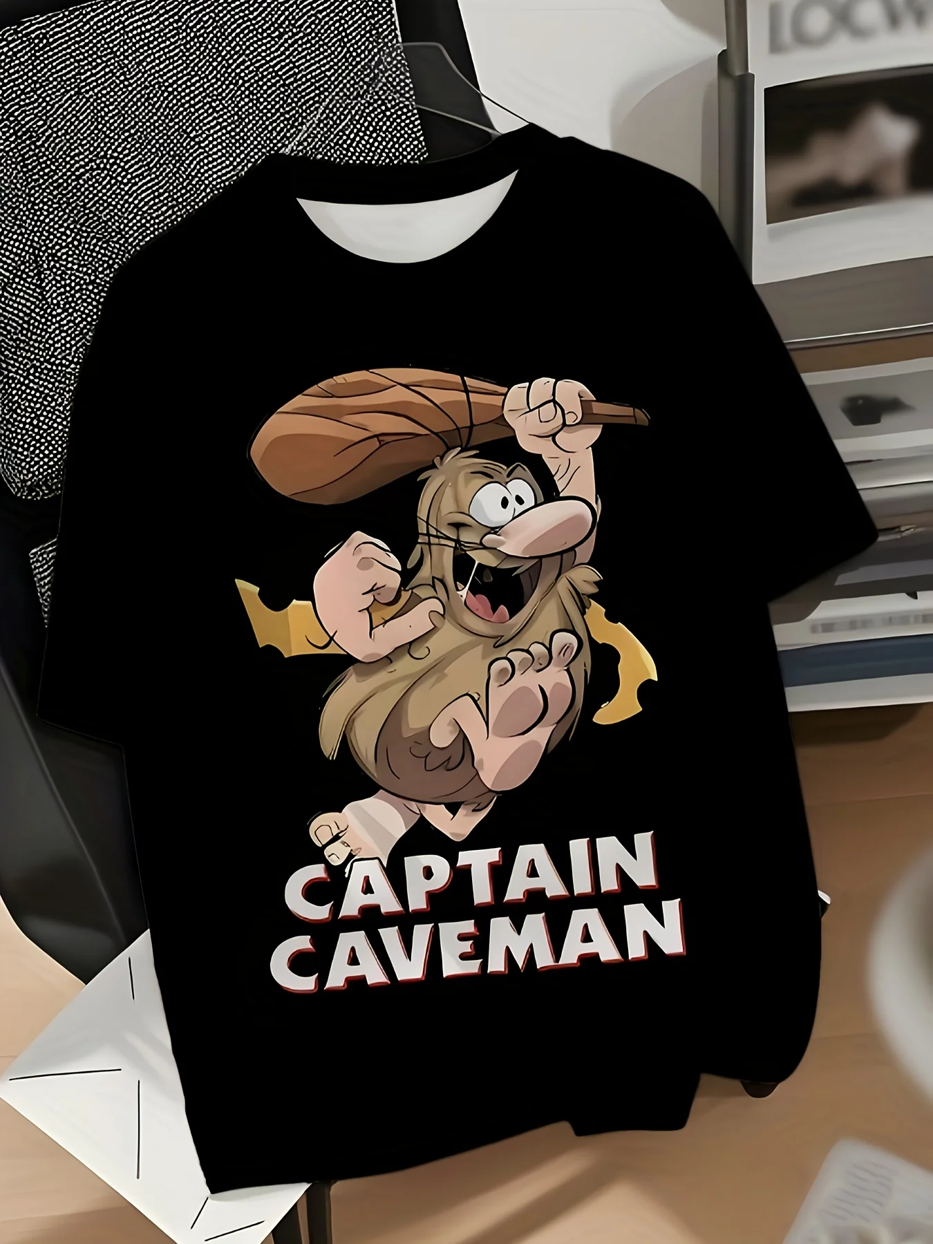 

Men's Plus Size Funny Captain Caveman Retro Cartoon Graphic TShirt Black Casual Short Sleeve Round Neck Tee