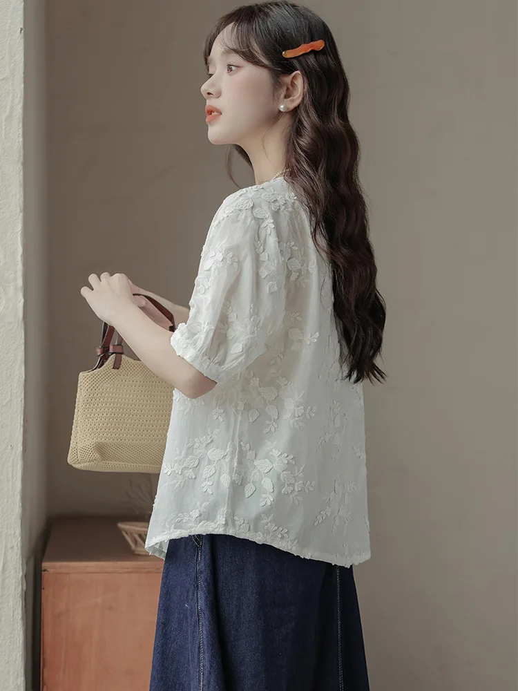 الفرنسية الرجعية المطرزة الجاكار س الرقبة الأبيض قصيرة الأكمام قميص المرأة الصيف عادية فضفاض Harajuku الأدبية أكاديمية على غرار القمم