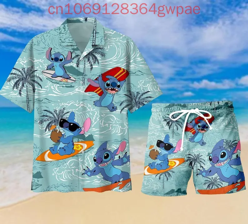 

Гавайская рубашка Disney Stitch, рубашка на пуговицах, комплект шорт с шортами Aloha, рубашка для мужчин и женщин, шорты с героями мультфильмов, повседневные рубашки, костюм