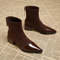 Women's Fashion Chunky Single Boots Fall New Pointy Matching Color Suede Back Zipper Comfortable Short Boots
