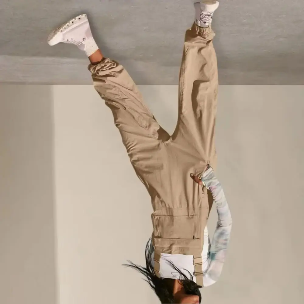 

Lady Overalls Solid Color Loose Sleeveless Cargo Style Ankle-banded Zipper Pocket Jumpsuit Deep Crotch Casual One-piece Outfit f