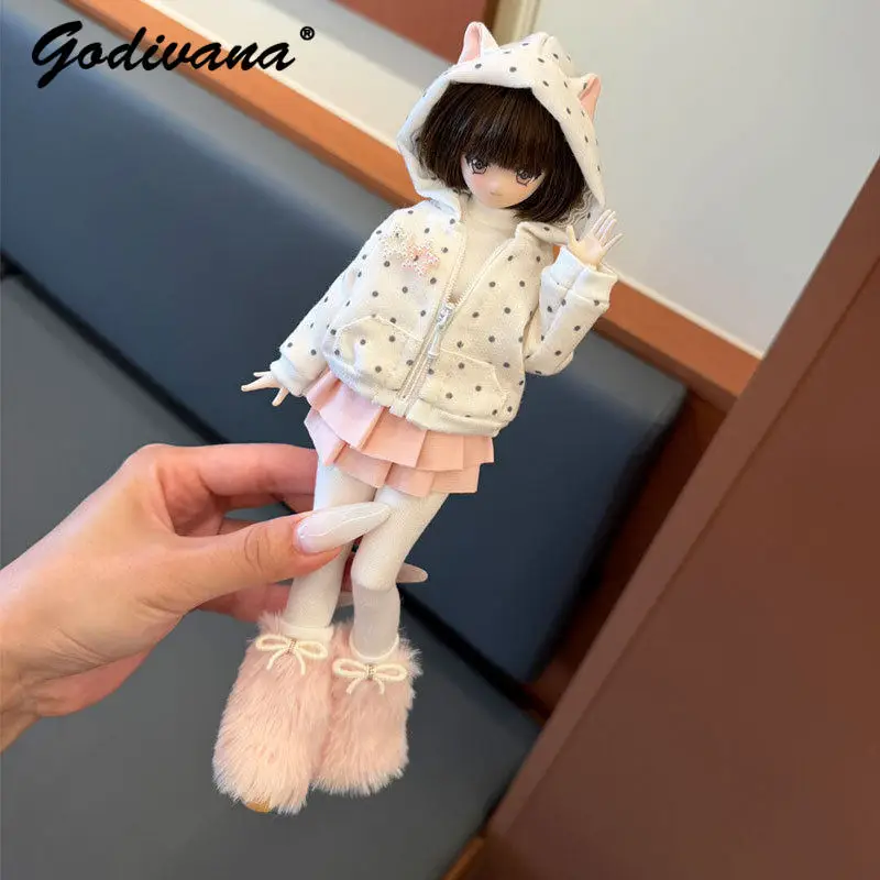 Azone Special 1/6 Ob22 Ob24 Minty 4th BJD Doll Clothes Sweet Cute Polka Dot Hooded Sweater with Skirt Inner Top Leg Warmers Set - view 2