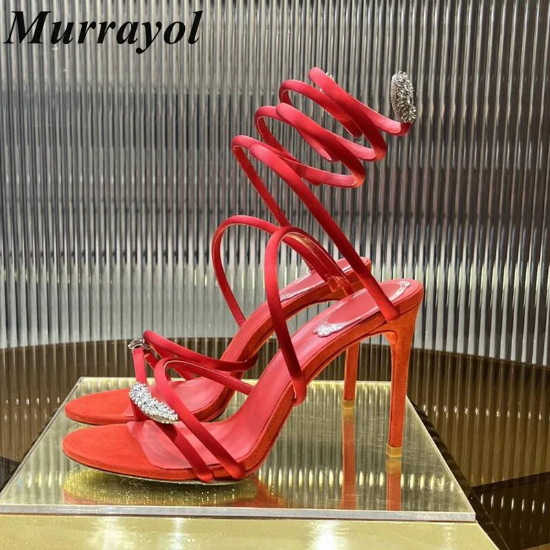 Satin Rhinestone Decor Thin High Heels Sandalias Women Ankle Snake Shaped Strap Entanglement Sandals Summer Dress Shoes Pumps