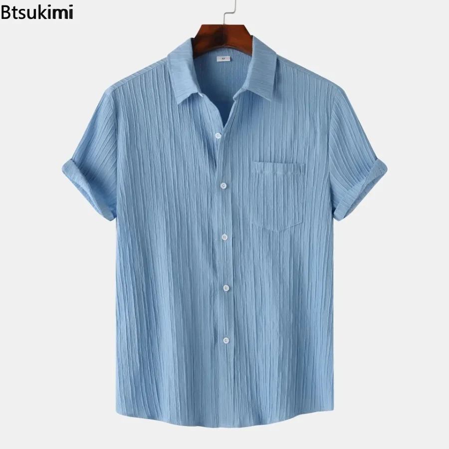 2025 New Men's Solid Striped Shirts Summer Fashion Short Sleeve Simple Lapel Tops Male Casual Holiday Daily Wear Camisas Homme
