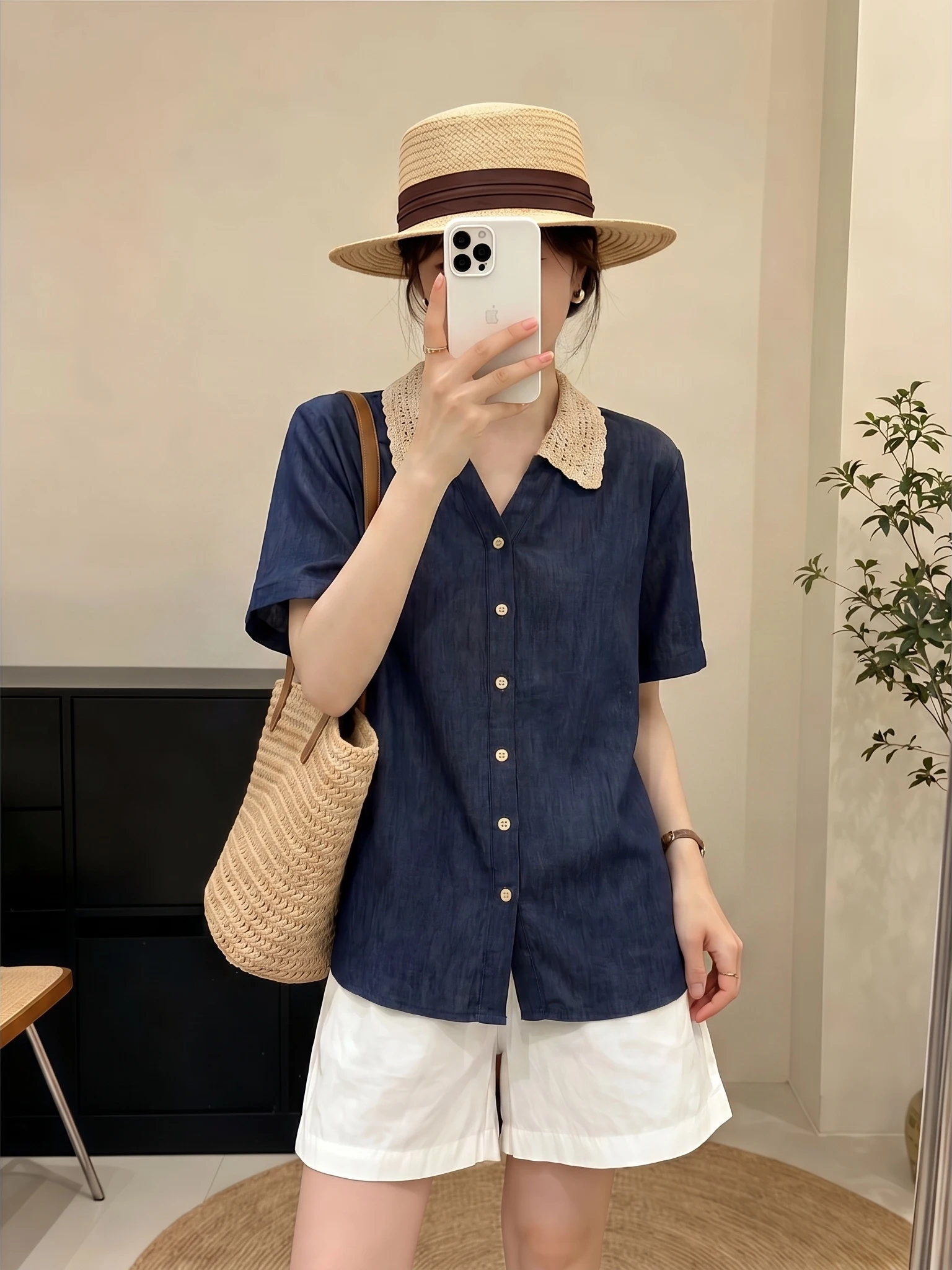 

Elegant Dark Blue Lace Hollow out Short Sleeve Women's Shirt Korean Style Commute Loose Fit Regular Length Casual Top
