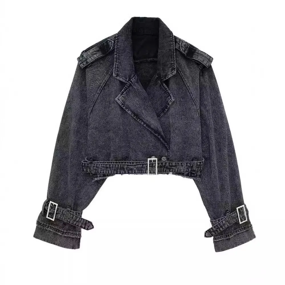 2024 Autumn Lapel Notched Collar Washing Blue Denim Jacket Vintage Women Hem Buckle Belt Draped Jean Coat Cool Outerwear 3 Color