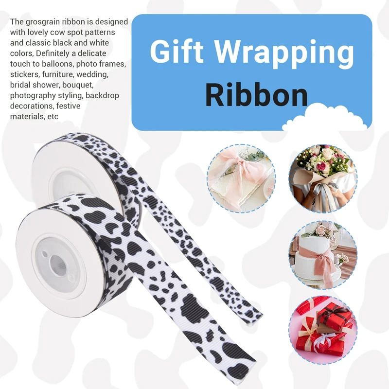 

3Pcs White Black Cow Print Wired Edge Ribbon Craft Ribbons Gift Wrapping Ribbon Animal Print Ribbon For DIY Crafts Party-AT35